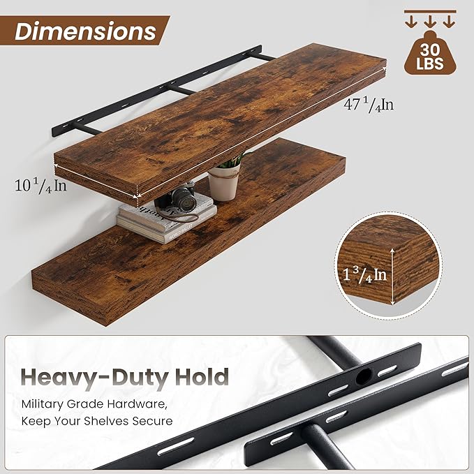 Heimlove 48" Floating Shelves for Wall,10 Deep Rustic Brown Wood Display & Storage Wall Shelves with Heavy Duty Brackets for Bathroom,Bedroom,Kitchen,Living Room,Office