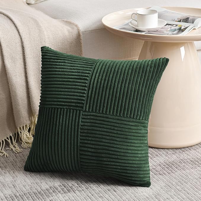 Fancy Homi Set of 2 Dark Green Samll Decorative Throw Pillow Covers 14x14 Inch for Living Room Couch Bed, Boho Farmhouse Forest Green Home Decor, Soft Corss Corduroy Patchwork Textured Cushion Case