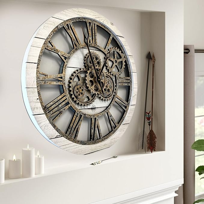 The Gears Clock The Original Real Moving Gear Wall Clock Vintage Industrial Oversized Rustic Farmhouse (24 inch (60cm),White Farmhouse)