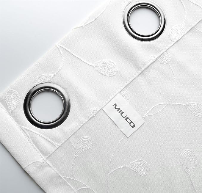 MIUCO Floral Embroidered Semi Sheer Curtains Faux Linen Grommet Window Curtains for Bedroom Living Room 95 Inches Long 2 Panels, Pure White