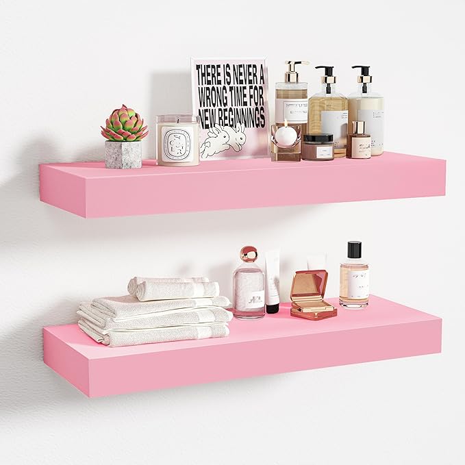 BAMEOS Pink Floating Shelves for Wall, 16" x 6" Wall Shelves for Room, Floating Book Shelves, Hanging Shelves for Bedroom, Bedroom, Living Room, Kitchen (Set of 2)