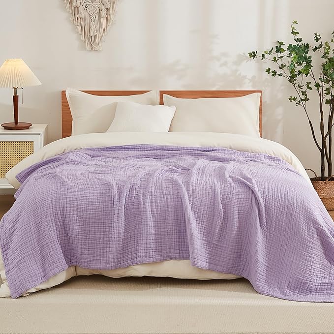 EMME Cotton Throw Blanket for Couch Soft Airy Muslin Bed Blankets Lightweight Breathable Blanket All Season Gauze Blanket, Lavender
