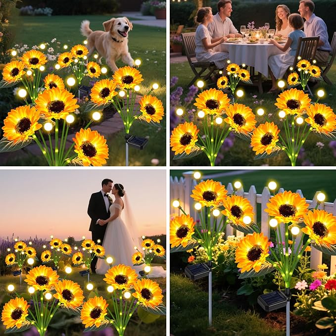 Solar Garden Lights Outdoor - Upgraded 4 Pack Solar Sunflowers Outdoor Waterproof with Firefly Lights,Garden Decor for Outside Yard Patio Lawn, Gardening Gifts for Mom Women Grandma