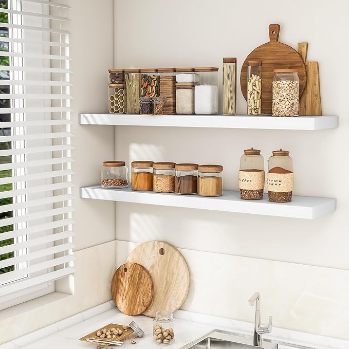 RICHFOCUS 48Inch Floating Shelves for Wall 2 Pack Shelves for Bedroom|Kitchen|Bathroom Wall Mounted Rustic Wood Floating Shelf with Invisible Brackets for Books|Storage|Decor, White