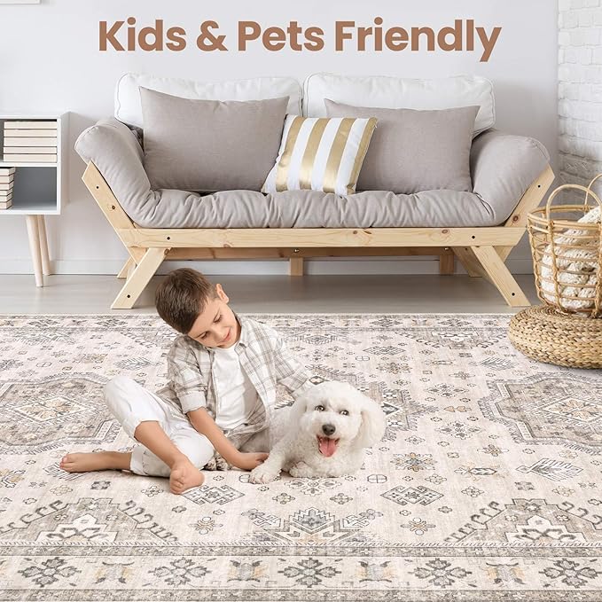 Washable Area Rugs for Living Room -10x14 Neutral Vintage Distressed Floral Farmhouse Boho Large Soft Floor Rug Indoor Non Slip Carpet for Living Room Bedroom Dining Room Office-Beige Brown