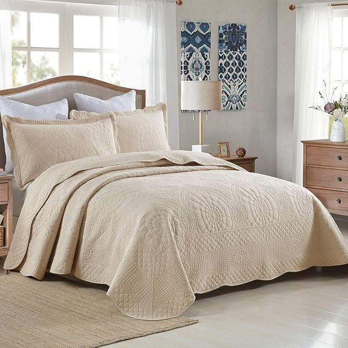 MarCielo 3-Piece 100% Cotton Oversized Bedspread Lightweight Quilt Coverlet Embroidery Farmhouse Bedding (Tf Khaki Beige, Oversized Queen (100"x106"))