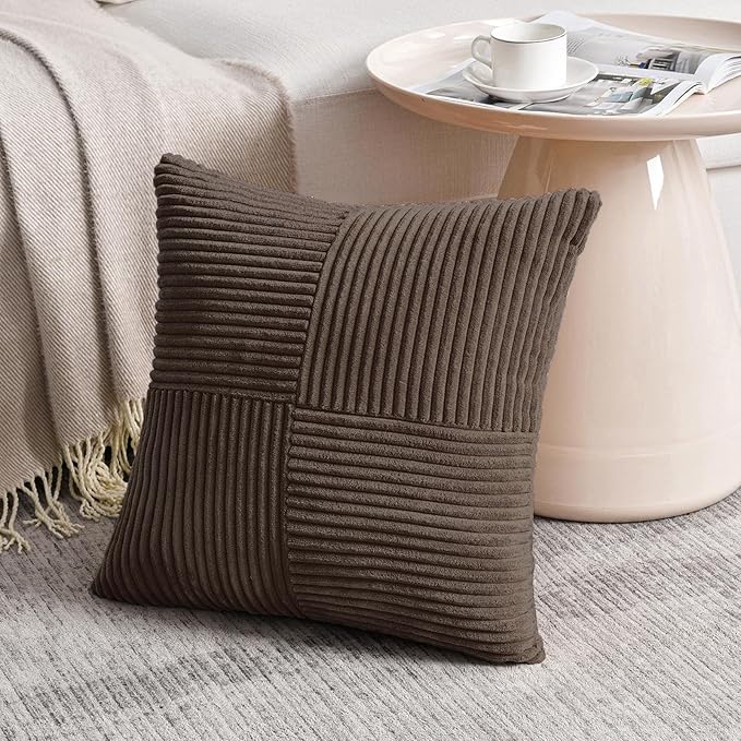 Fancy Homi 2 Packs Dark Brown Samll Decorative Throw Pillow Covers 14x14 Inch with for Couch Bed Sofa, Rustic Farmhouse Boho Home Decor, Soft Corss Patchwork Corduroy Square Cushion Case 35x35 cm