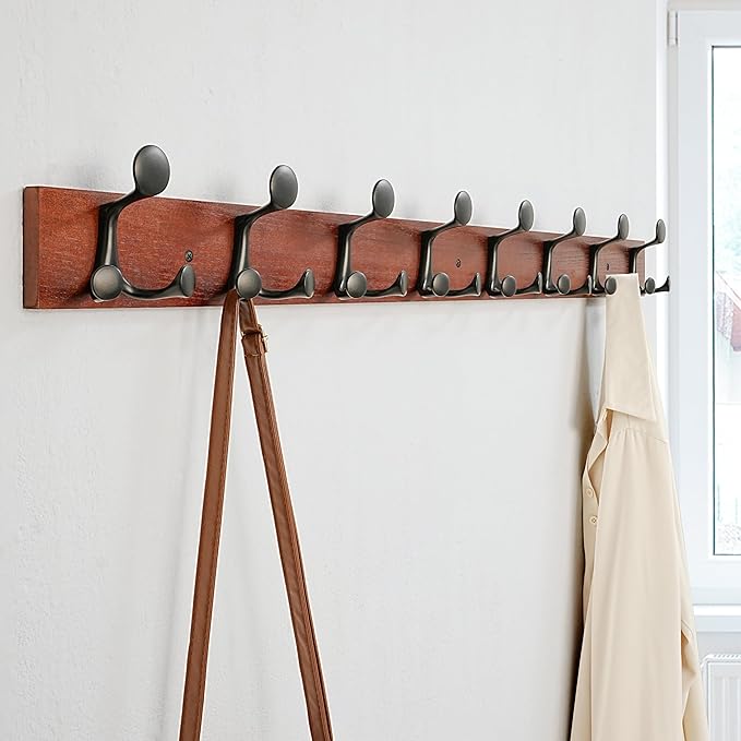 SKOLOO 43-Inch Cherry Wood Coat Rack Wall Mount with 8 Triple Hooks - Ideal for Family Entrances, Classrooms, and Pet Supplies Storage - Perfect Coat Hooks for Wall
