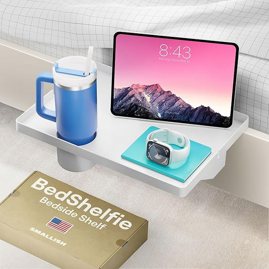 BedShelfie Bedside Shelf for Bunk Bed & Top Bunk, College Dorm Room Essentials, Clip On Nightstand, Bed Side Table Tray Organizer - Cup Holder, White