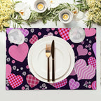 Pink Love Hearts Valentine's Day Placemats Set of 4 Seasonal Valentines Anniversary Wedding Linen Table Mats Pink Black Washable Place Mats for Party Kitchen Dining Outdoor Indoor Decor 12x18 Inch