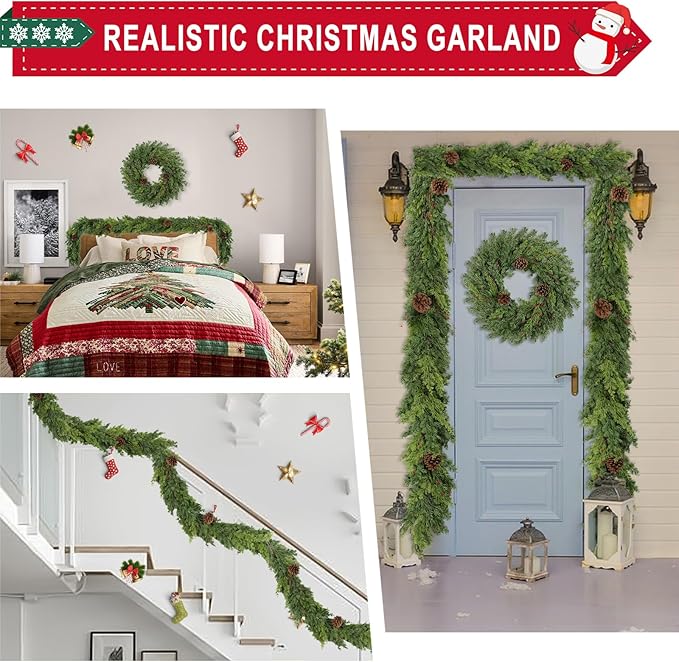 6 Ft Real Touch Christmas Garland Indoor with Pine Cone,Thick and Lush，Soft Bendable Mantle Garland Christmas, Lifelike Cedar Garland, Christmas Garland for Mantle,Indoor Christmas Decorations
