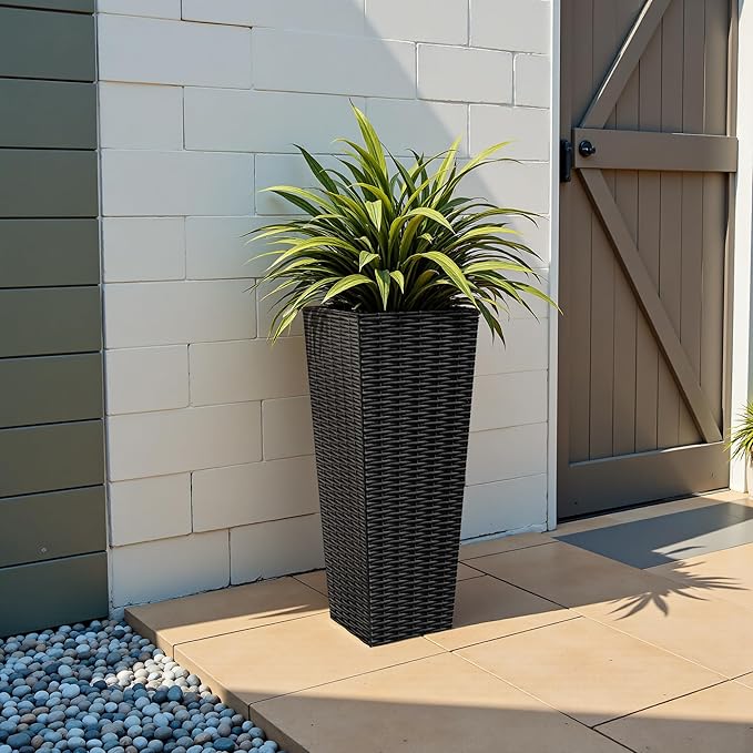 JUMMICO Set of 2 Resin Rattan Tall Planters for Outdoor Plants, Large Tapered Planters with Drainage Holes&Inner Trays, Flower Pots for Garden, Patio, Porch, Backyard (Black, 24'')