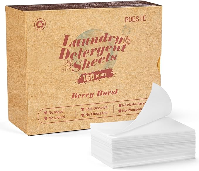 Poesie Laundry Detergent Sheet Berry Burst Scent 160 Sheets No Plastic Jugs No Messy Liquid Powder Camping Travel RV Trip Laundry Cleaning Sheet for Hand Wash Machine Wash