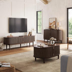 LINSY HOME Fluted TV Stand for 75" TV, Mid-Century Modern 70" Entertainment Center with Sliding Tambour Door and Storage Cabinet, Cruved TV Media Console Table for Living Room, Bedroom, Walnut