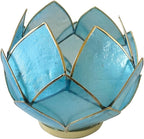 Blooming Lotus Capiz Shell Tealight Candle Holder, Handcrafted Decorative Tea Light Candleholder with Translucent Flower Petals for Ambient Illumination and Natural Elegance, Aquamarine