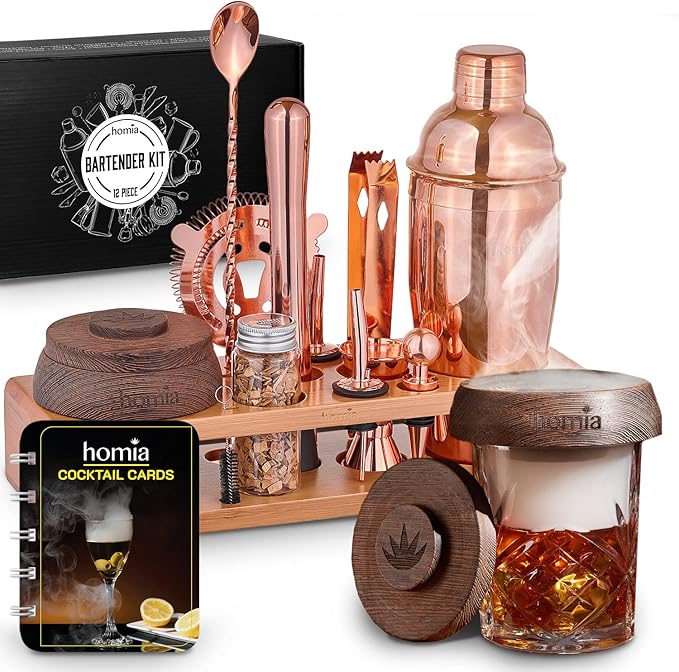 Bartender Kit with Whiskey Smoker - 13 pcs, Bamboo Stand - Bar Set with Cocktail Shaker, Bartending Kit with Essential Bar Accessory Tools, Wood Chips, Pink Gold