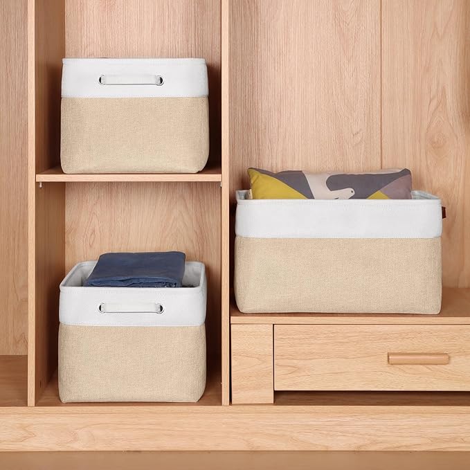 Kntiwiwo Large Fabric Foldable Storage Bin 17" x 11.8" x 9.8" Storage Baskets with Handle Large Cube Storage boxes for Closet, Shelves, Home, Set of 3, Beige