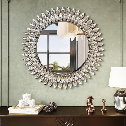 Kelly Miller Round Jeweled Mirror for Wall Decor, 26 in Modern Decorative Wall Mirror with Luxury Diamonds Beveled Vanity Mirror for Bedroom Dresser, Living Room Table, Bathroom, Hallway, Entryway