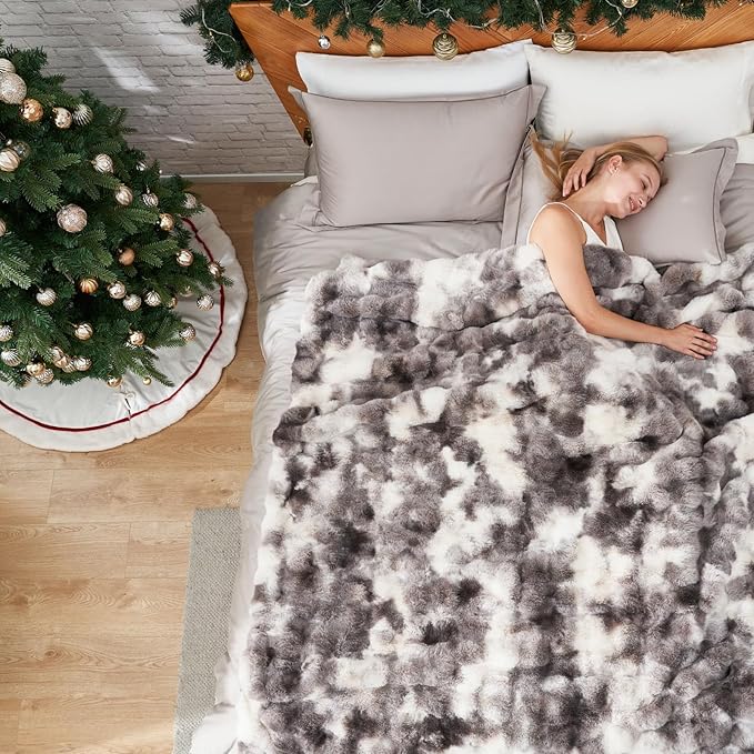 Cozy Bliss Faux Fur Throw Blanket for Couch, Fuzzy Soft Plush Thick Bubble Blanket for Sofa Bedroom Living Room, 90 * 90 Inches Tie Dye Taupe