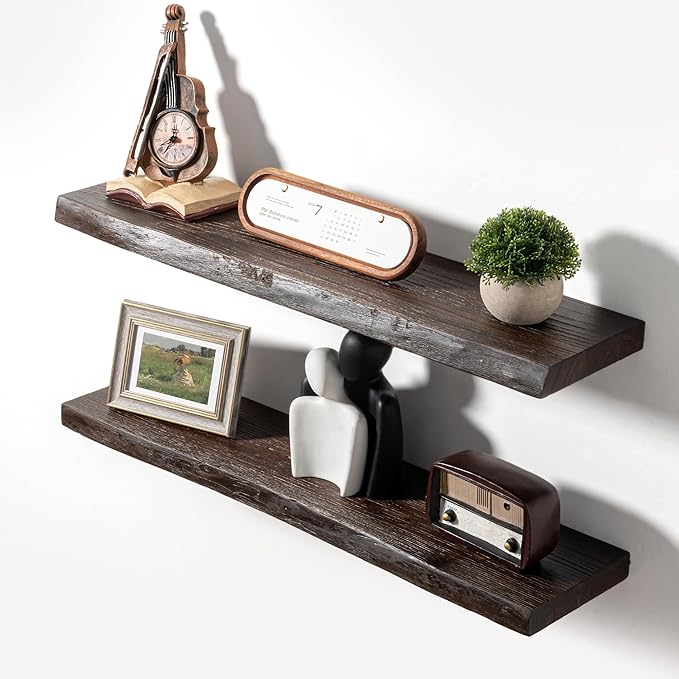 Axeman 36 inch Floating Shelves for Wall - 8'' D Live Edge Rustic Solid Elm Wood Floating Shelves Wall Mounted, Wall Shelves with Invisible Bracket for Living Room Bedroom Kitchen, Set of 2 Walnut