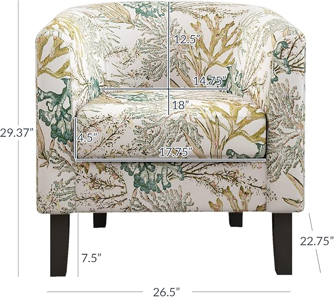 BELLEZE Living Room Chairs Set of 2, Linen Round Accent Barrel Chairs, Club Tub Sofa Chairs for Bedroom, Corner Chairs with Flared Legs and Cozy Soft Padding - Highland (Green Coral)