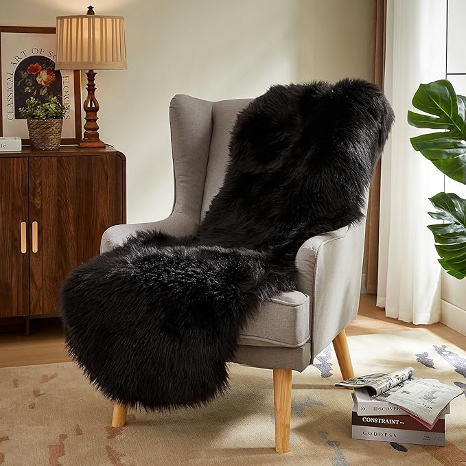 AMTOVO Faux Sheepskin Rug, Black Ultra Soft Fluffy Shag Area Rug, 2 x 6 ft Faux Fur Rug for Bedroom Sofa Throw Cushion Room Decor, Sheepskin