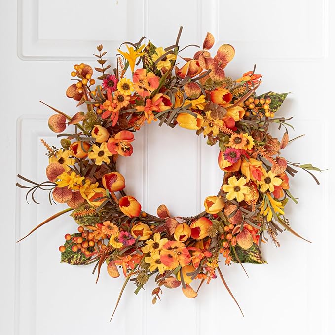 18 Inches Fall Wreaths for Front Door Rustic Autumn Wreath Farmhouse Fall Floral Wreaths with Tulips Phalaenopsis Orange Wildflowers for Wall Window Porch Indoor Outside Decor