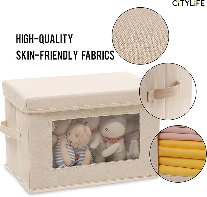 Citylife 3 Pack Storage Bins with Lids, Fabric Foldable Storage Bins with Soft Cord Handles, Canvas Storage Bin with Lid for Organizing Clothes, Blankets and Books, Beige