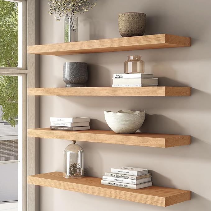 Floating Shelves for Wall, USA-Sourced Oak Wood 24 Inch Wall Shelves Set of 2, Natural Wooden Wall Mounted Picture Ledge Shelf, Nursery Book Storage Shelf Kids Bookshelf, Display Shelf for Bathroom