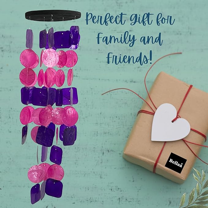 Bellaa 24841 Wind Chimes Outdoor, Garden Decorations, Musical, Indoor/Outside Windchimes, Beach, Ocean Breeze, Gifts for Mom, Gift for All Occasions, Capiz Sea Glass Shells Wood Pink Purple