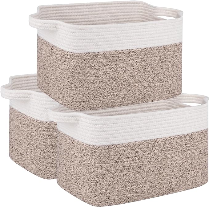 OIAHOMY 3 Pack Storage Baskets for Organizing, 13''X9.85''X8.7'' Storage Bins,Woven Basket with Handles, Toy Storage Bin,Stylish Room Decor Basket, white & Brown variegated