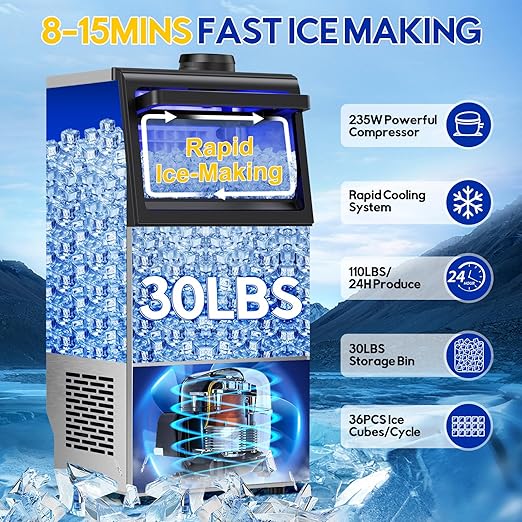 Commercial Ice Maker Machine, 110Lbs/24H, 30Lbs Storage, 36Pcs Clear Ice Cubes in 10-15Mins, Stainless Steel Under Counter or Freestanding Ice Machine - 2 Water Inlet Modes, for Home Party Office
