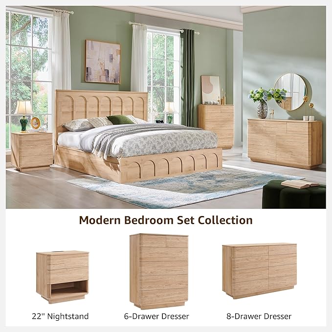 Nightstand Set of 2 with Charging Station, 22" Large Modern Bedside Table with 2 Drawers Storage,Push-to-Open End Table for Bedroom,Living Room,Natural Oak
