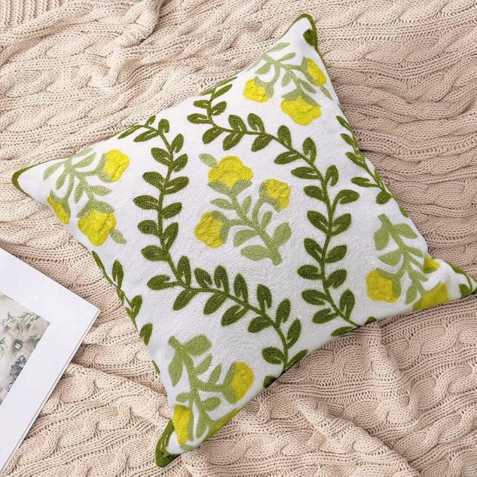 Alysheer Floral Embroidered Summer Decorative Throw Pillow Cover 18"x 18" Set of 2, Farmhouse Cottage Yellow Flower Green Leaves Patterned Cotton Cushion Case for Couch Bed Living Room Outdoor Decor