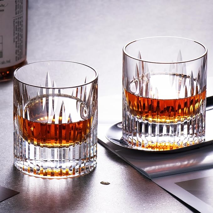 KAMMAK Crystal Whiskey Glasses Set of 2, Luxury 7.44oz Old Fashioned Glasses Stemless, Hand Blown Cocktail Glasses, Handcrafted Cut White Scotch Cup for Women, Men Gift for Bourbon,Home Bar