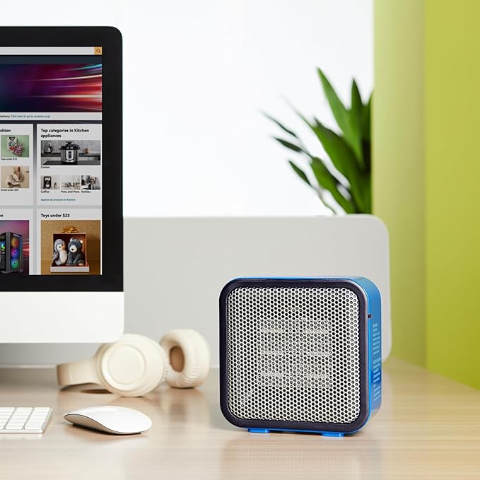 Amazon Basics Ceramic Space Heater, Mini Heater for Office Desk, Portable Tent Heater for Camping (Indoor Use), 500 W, With Tip-Over Protection, Lightweight (1.4 LBS), Blue, 5.9 x 3.2 x 6 inches