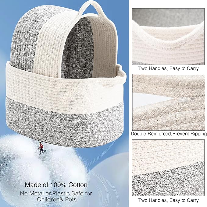 Cotton Rope Woven Storage Basket, Used for Baby Hamper Toy Organizer, Gift Baskets Empty,Kids Laundry Basket,Baby Blanket Basket. Size 15x10x8.7 Inches. (White&Grey-3PCS)
