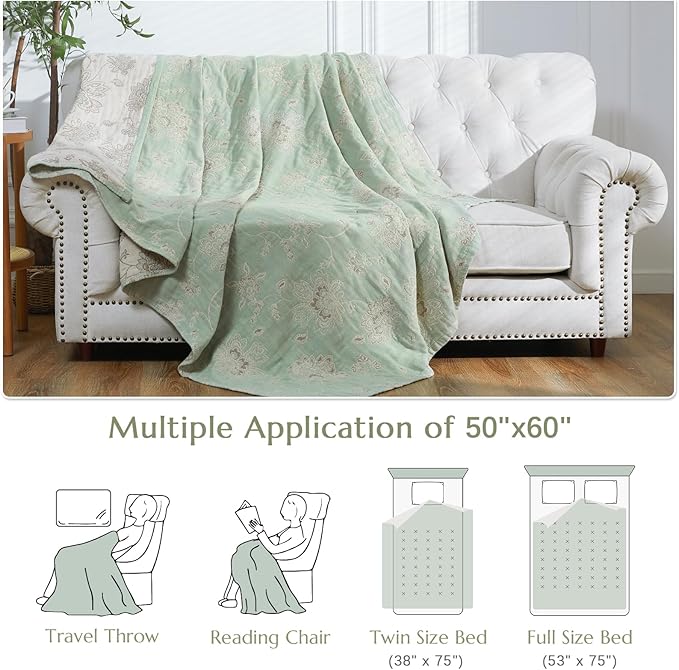 jinchan Boho 100% Cotton Muslin Twin Size 50x60 Inches Blanket Lightweight 4-Layer Quilted Soft Green and Beige Floral Throw Blanket Reversible Comfy Flower Breathable All Seasons Couch Bedroom Decor