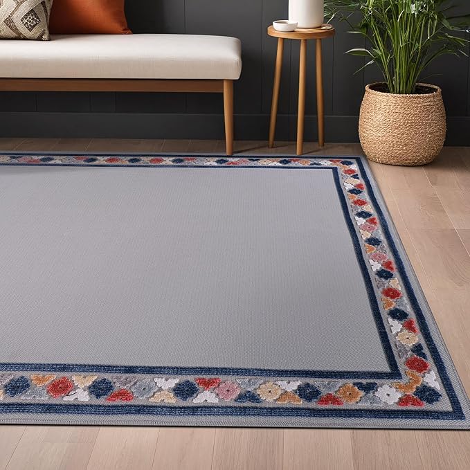 Beverly Rug Outdoor Rug 5x7 Modern Bordered Area Rugs for Indoor and Outdoor Patio Easy to Clean Non Shedding Living Room Porch Garden Washable Outside Carpet (5 x 7 Gray)