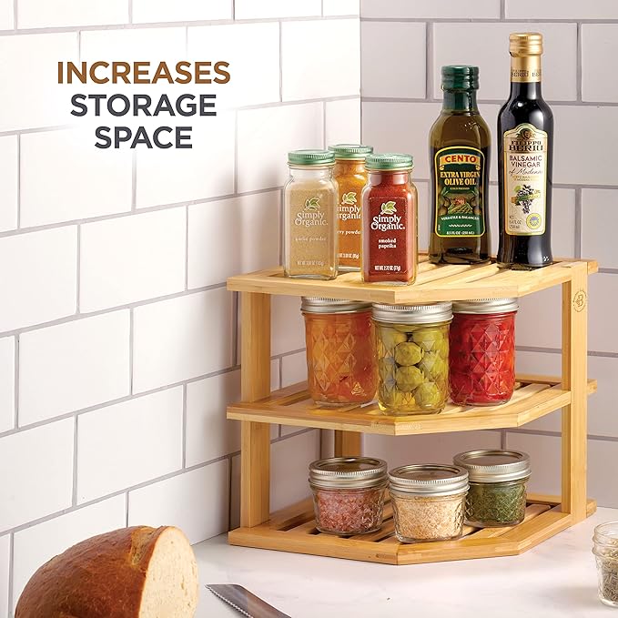 Cabinet Organizer Shelf - Bamboo Corner Rack for Kitchen Counter, Cabinet Space Saver for Plates, Dishes, Bowls, Bread - Pantry and Bathroom Storage or Countertop - Useful Home & Housewarming Gift