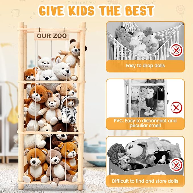 Stuffed Animal Storage & Organizer, Wooden Cute Zoo Toy Holder for Toddler Rooms, Playrooms & Bedrooms
