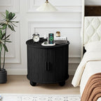 AVZEAR 24" Large Round End Table with Charging Station, Farmhouse Fluted Sofa Side Table with Sliding Tambour Door & Storage, Mid-Century Wood Nightstand for Living Room, Bedroom, Black