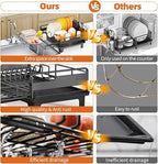 Extendable Dish Drying Rack, Multifunction Dish Rack for Kitchen Counter, Expandable Dish Drainer Over Sink, Large Dish Strainer with Cups Holder, 1 Tier Black