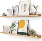 Solid Ash Wood Picture Ledge Shelf, Wood Floating Shelves Set of 2, 48 Inch Long Large Photo Ledge Shelves, Nursery Book Shelves Wall Mounted for Living Room Kids' Bedroom Decor, Natural
