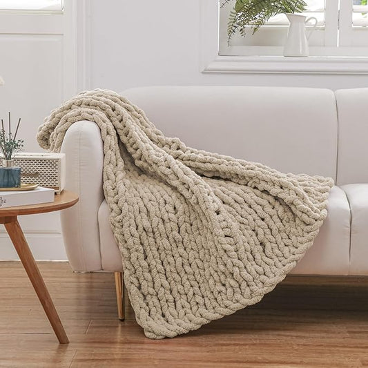 WESHIONGOO Chunky Knit Blanket Throw 40"×40" Knitted Throw Blankets for Couch Bed Fluffy Soft Blanket with Jumbo Chenille Yarn Thick 100% Handmade (Linen)