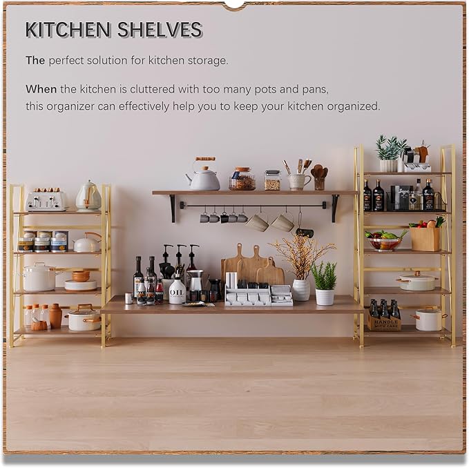 4NM No Assembly Foldable Bookshelf, 5-Shelf Collapsible Bookcase Storage for Small Spaces, 62.2" H, Brown and Golden