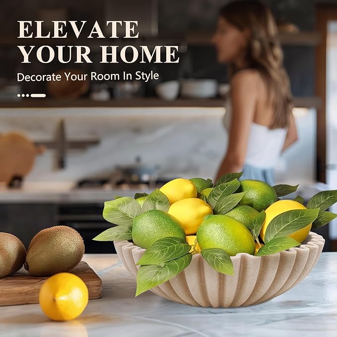 Large Decorative Bowl, Modern Handicraft Bowls for Home Decor, Decorative Fruit Bowl for Kitchen Counter, Ruffle Decor, Stylish Key Bowl for Entry Table, Artificial Stone Beige