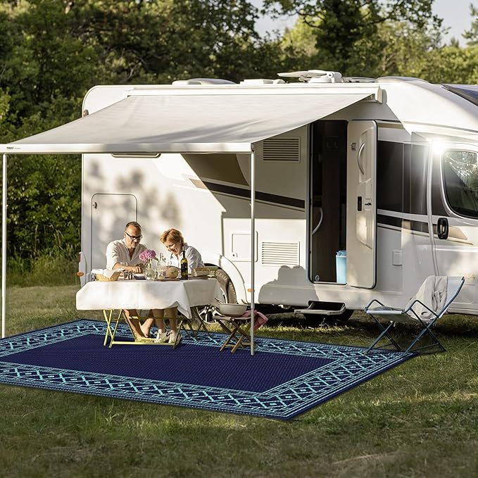 GENIMO Outdoor Rug Waterproof 6'x9' for Patio, Foldable Reversible Plastic Straw Carpet, Outside Area Mat for Patios, Rv, Deck, Picnic, Porch, Camper, Balcony, Beach, Navy Blue & Jade Green