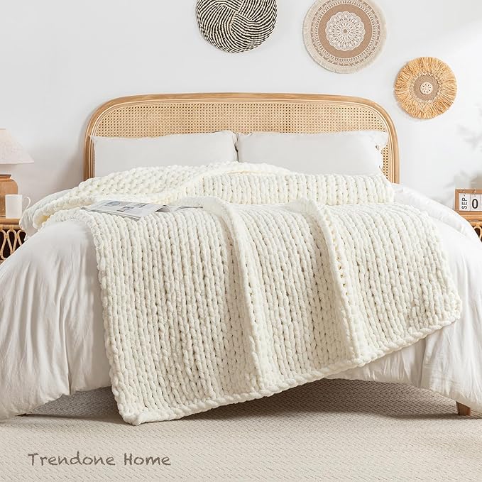 Chunky Knit Blanket Throw, 100% Hand Knit Throw Blanket Handmade Chenille Cable Knit Throw for Couch, Stylish Cozy Soft Rope Knot Crochet Blanket for Home Decor, Ivory, 50x60 Inches