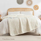 Chunky Knit Blanket Throw, 100% Hand Knit Throw Blanket Handmade Chenille Cable Knit Throw for Couch, Stylish Cozy Soft Rope Knot Crochet Blanket for Home Decor, Ivory, 50x60 Inches